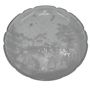 Vintage Christmas Platter Sleigh Bells Clear & Frosted 1980s Tempered Glass 14"